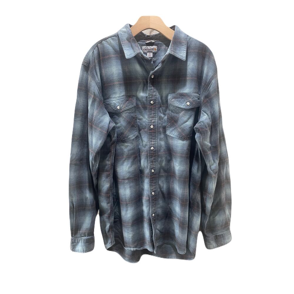 Carhartt Blue Plaid Flannel Longsleeve Mens Western Snap Up Shirt Size XL Tall